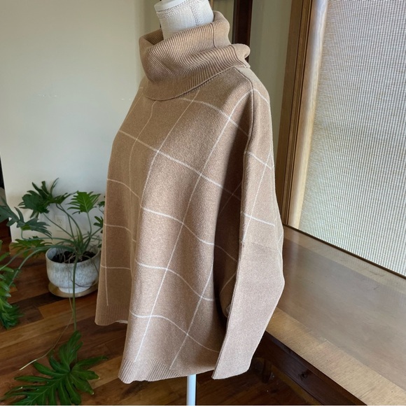 Loft Camel Tan Windowpane Cotton Boxy Cowl Turtleneck Sweater size L - Picture 4 of 13